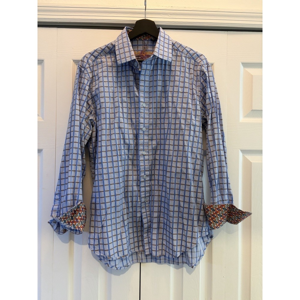 Robert Graham Men Large Blue Brown Windowpane Plaid Long Sleeve Button-Up Shirt
